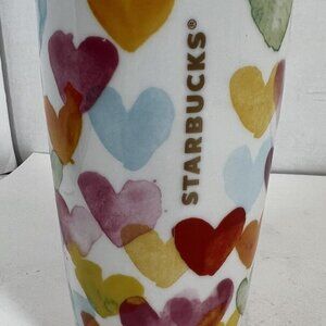 Starbucks 2015 Dot Collection Watercolor Hearts Travel Tumbler 10oz Lid Mug Cup